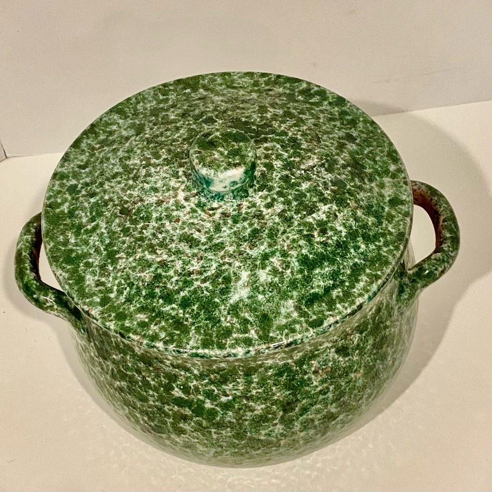 Indoor Outfitters Over And Back Teal Spongeware Bean Crock Lidded Made In Italy - Picture 5 of 9